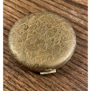 Vintage Estée Lauder Etched Floral Gold Tone Compact Mirror Powder Round